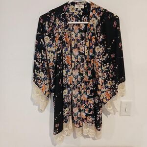 Umgee USA Women's Kimono Black Floral with Lace Detail Size S/M Boho